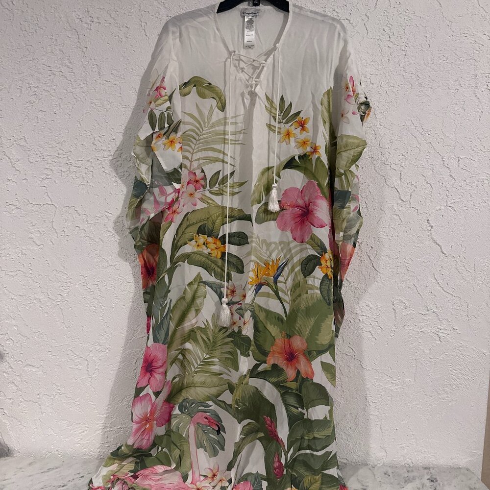 Tommy Bahama Tropical Maxi Beach Cover-Up Dress Hibiscus Flamingo S/M